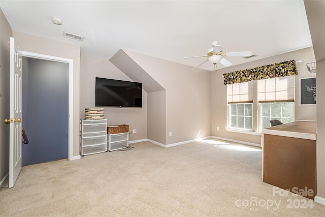 unfurnished living room with light carpet, baseboards, visible vents, and ceiling fan