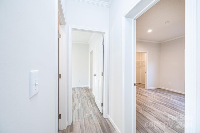 hallway featuring light wood-type flooring and ornamental molding