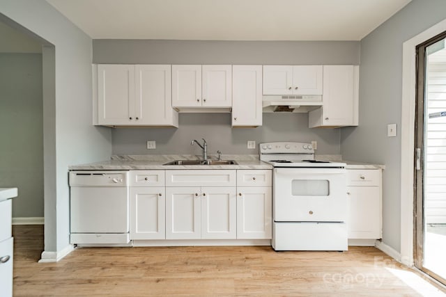 kitchen featuring sink, white cabinets, white appliances, and light hardwood / wood-style floors