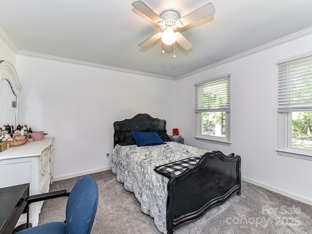 bedroom with ceiling fan, light colored carpet, and crown molding