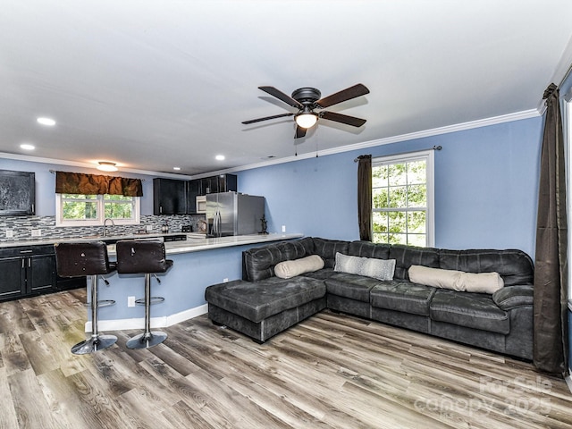 living room with ceiling fan, crown molding, light hardwood / wood-style floors, and sink