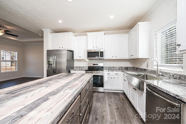 kitchen with stainless steel appliances, white cabinetry, and a wealth of natural light