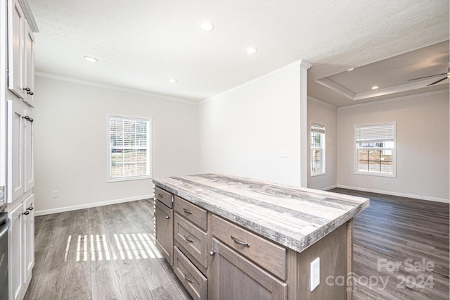 kitchen with a center island, crown molding, dark wood-type flooring, and light stone counters