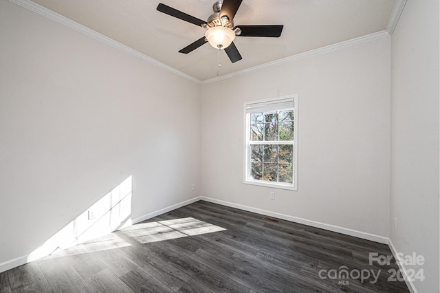 empty room with crown molding, ceiling fan, and dark hardwood / wood-style floors