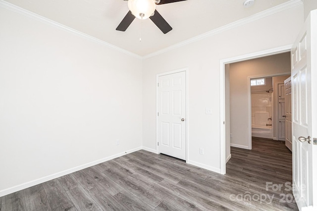 unfurnished bedroom with ceiling fan, hardwood / wood-style floors, and crown molding