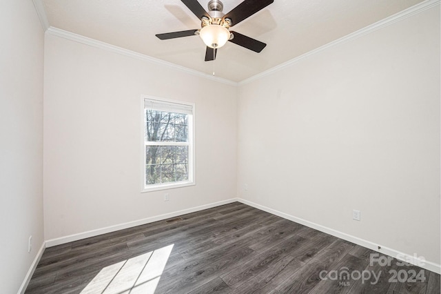 unfurnished room with dark hardwood / wood-style floors, ceiling fan, and ornamental molding