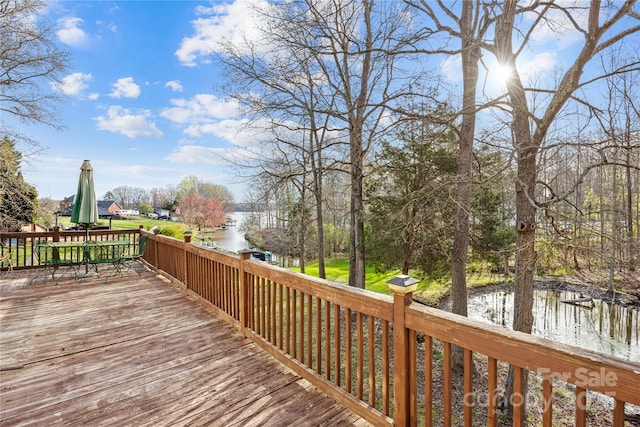 wooden deck with a water view