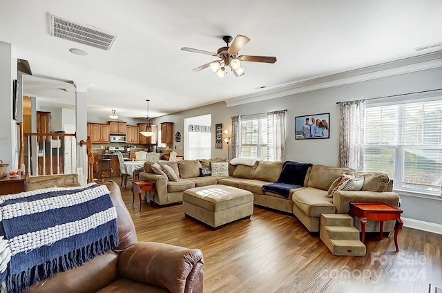 living room featuring ornamental molding, plenty of natural light, wood-type flooring, and ceiling fan