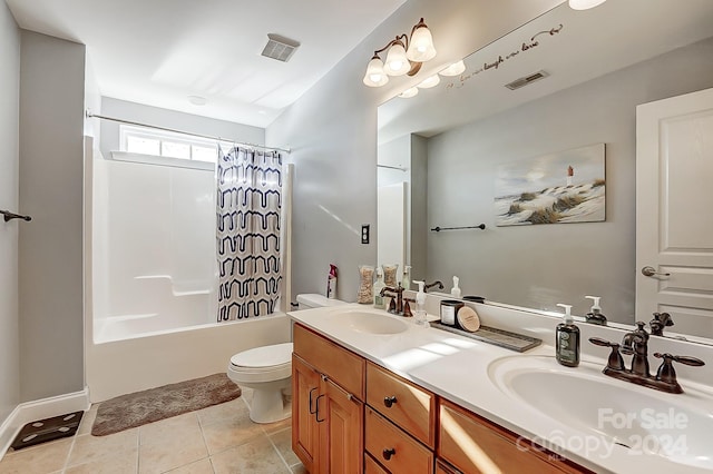 full bathroom with toilet, vanity, tile patterned floors, and shower / bathtub combination with curtain