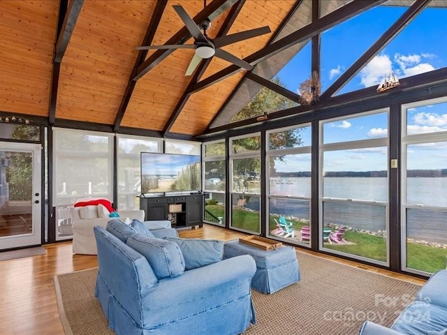 sunroom with vaulted ceiling with beams and a healthy amount of sunlight