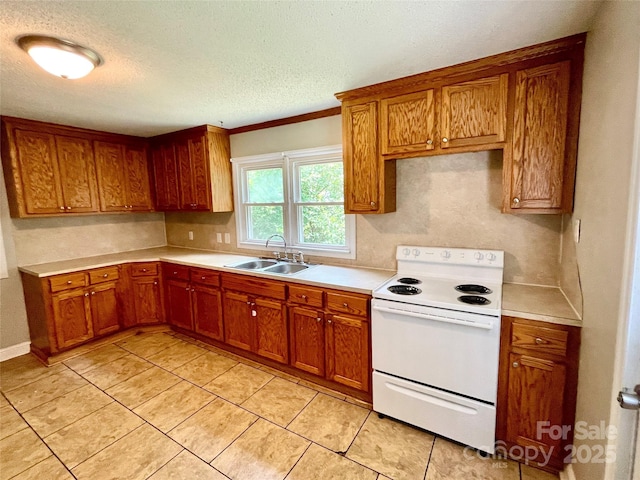 kitchen featuring light tile patterned flooring, sink, crown molding, a textured ceiling, and white electric stove