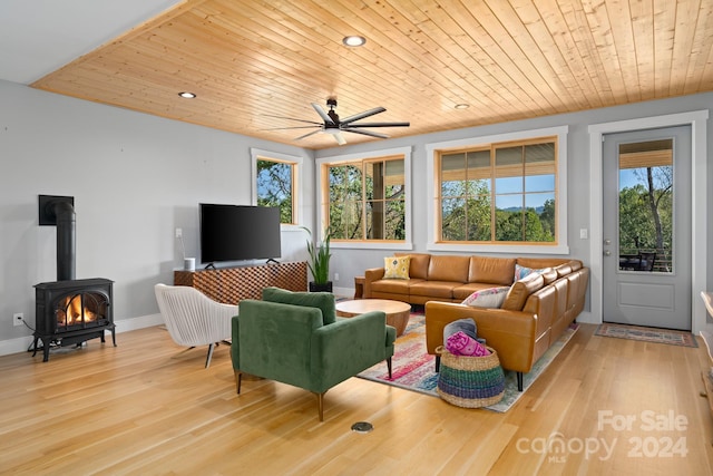 living room featuring light hardwood / wood-style floors, wood ceiling, and plenty of natural light