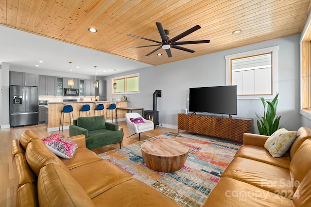 living room featuring wood ceiling, a wood stove, light wood-type flooring, and ceiling fan