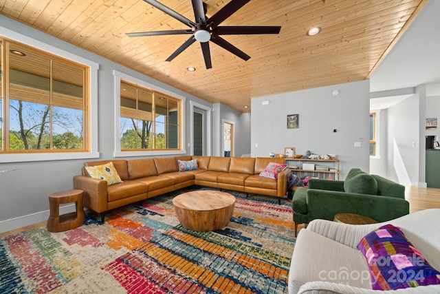 living room with wood ceiling, vaulted ceiling, hardwood / wood-style floors, and ceiling fan