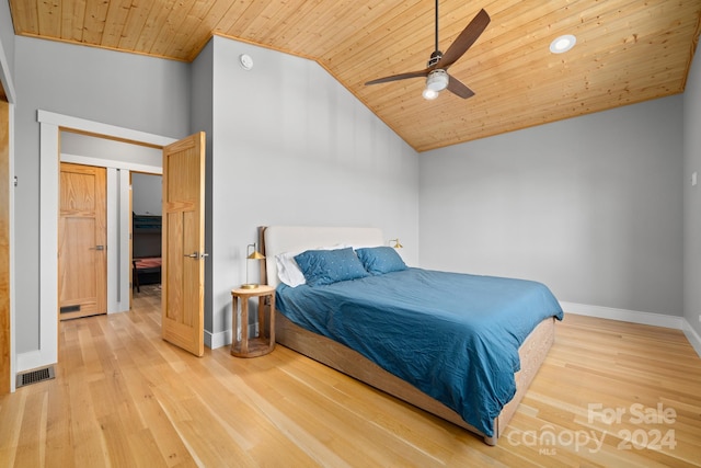 bedroom with ceiling fan, wood-type flooring, lofted ceiling, and wood ceiling