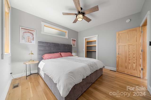 bedroom featuring a spacious closet, light wood-type flooring, and ceiling fan