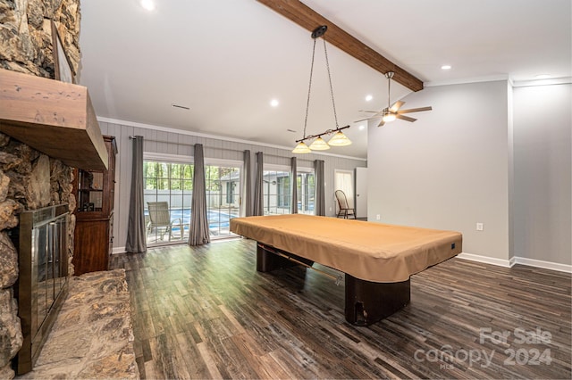 game room featuring pool table, ceiling fan, dark hardwood / wood-style flooring, a stone fireplace, and lofted ceiling with beams