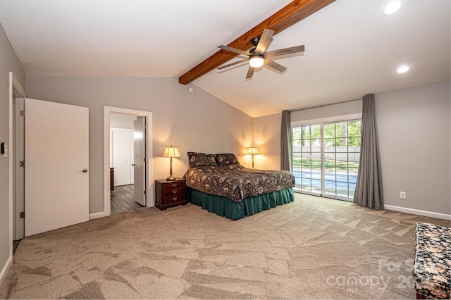 carpeted bedroom with vaulted ceiling with beams, access to outside, and ceiling fan