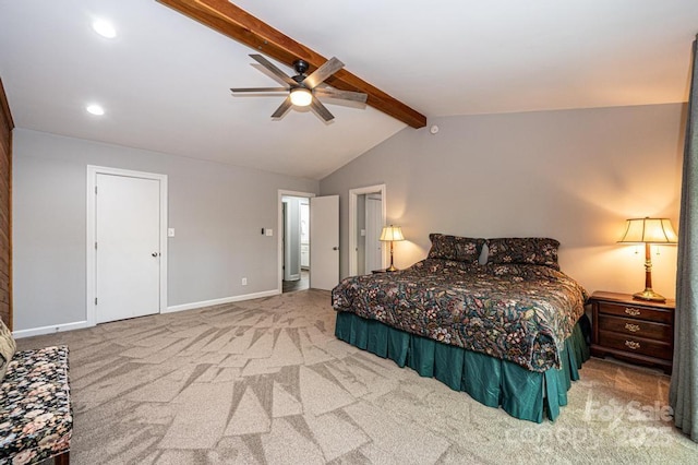 carpeted bedroom with lofted ceiling with beams and ceiling fan