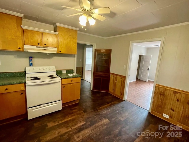 kitchen featuring dark hardwood / wood-style floors, wooden walls, ornamental molding, electric range, and ceiling fan