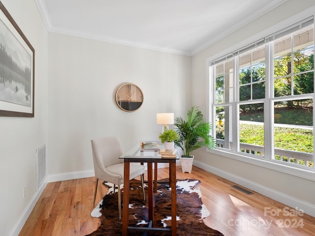 office featuring ornamental molding, hardwood / wood-style flooring, and a healthy amount of sunlight