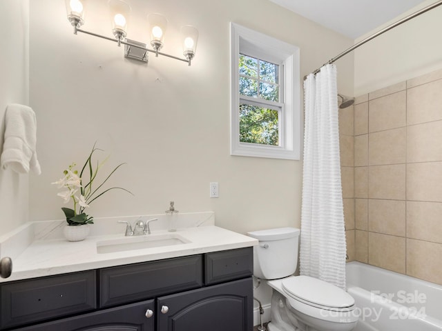 full bathroom featuring vanity, toilet, and shower / bathtub combination with curtain