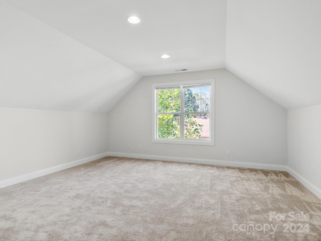 additional living space with light colored carpet and lofted ceiling