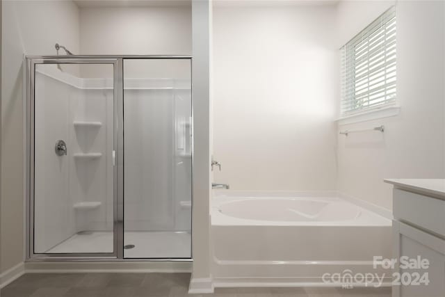 bathroom featuring vanity and separate shower and tub