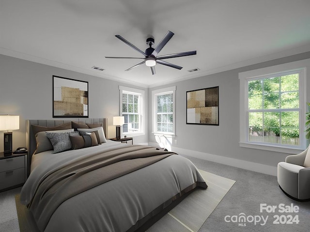 bedroom featuring ceiling fan, light carpet, and ornamental molding