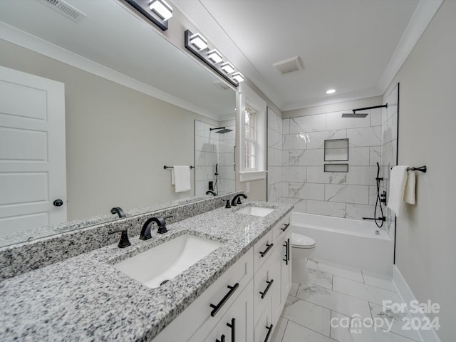 full bathroom featuring vanity, toilet, tiled shower / bath, and ornamental molding