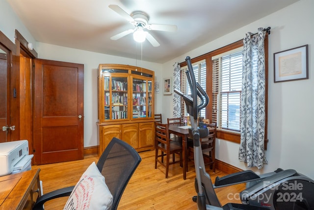 home office with ceiling fan and light hardwood / wood-style flooring