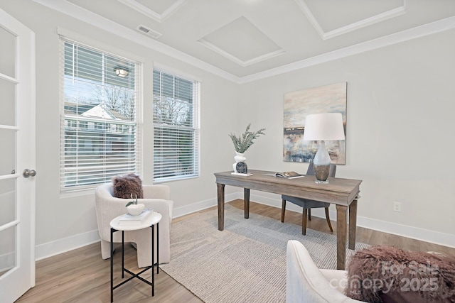 office area featuring attic access, visible vents, light wood-style flooring, and baseboards