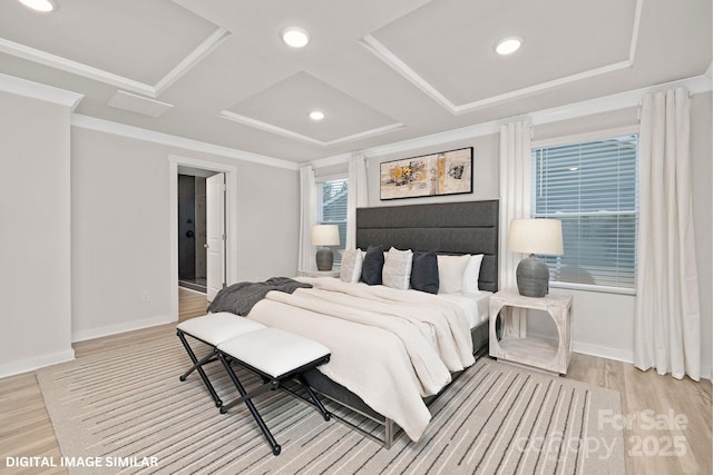 bedroom with crown molding, light wood-type flooring, coffered ceiling, and baseboards