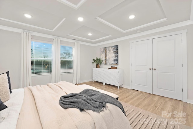 bedroom with recessed lighting, coffered ceiling, baseboards, ornamental molding, and light wood-type flooring