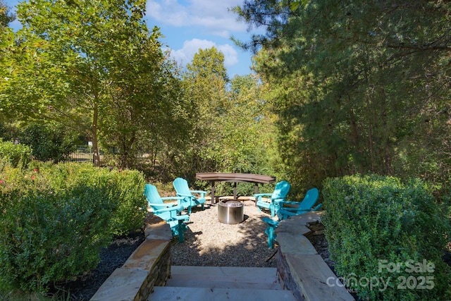 view of yard featuring a patio area and a fire pit