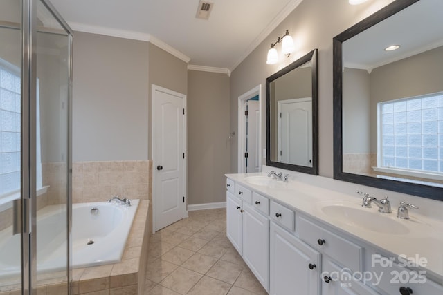 bathroom featuring crown molding, vanity, plus walk in shower, and tile patterned flooring