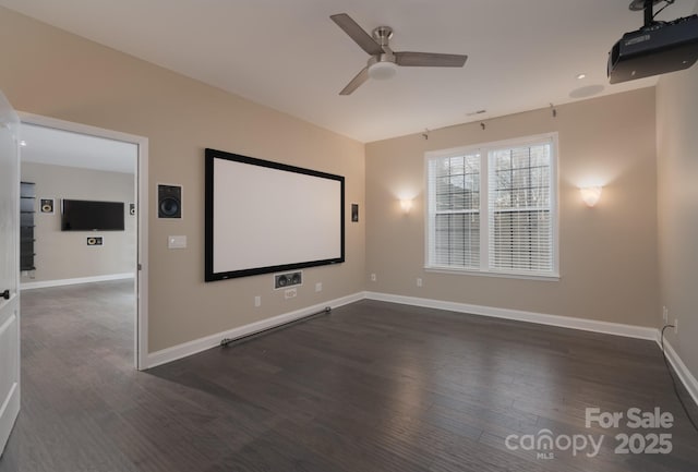 cinema with dark hardwood / wood-style floors and ceiling fan