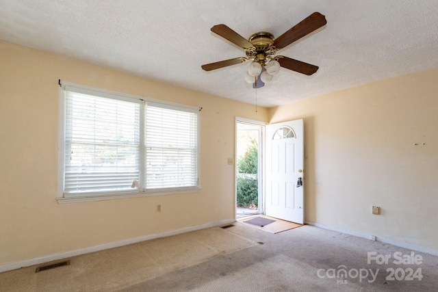 carpeted foyer entrance featuring plenty of natural light, a textured ceiling, and ceiling fan