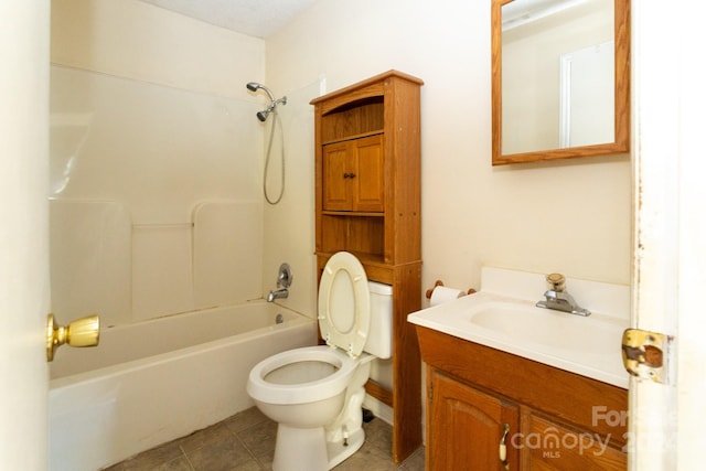 full bathroom featuring shower / tub combination, vanity, tile patterned floors, and toilet