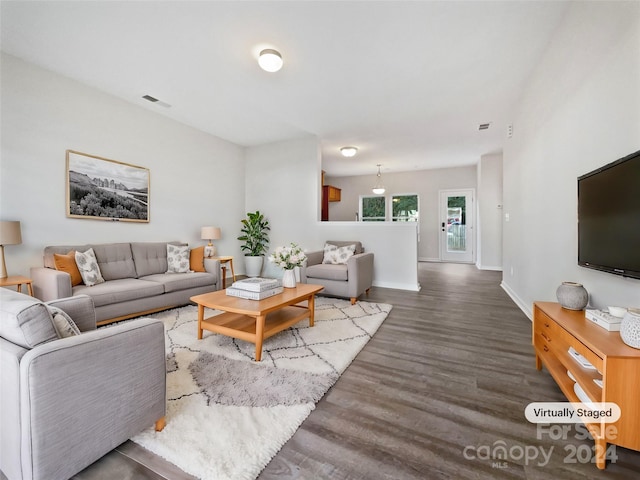 living room featuring dark wood-type flooring