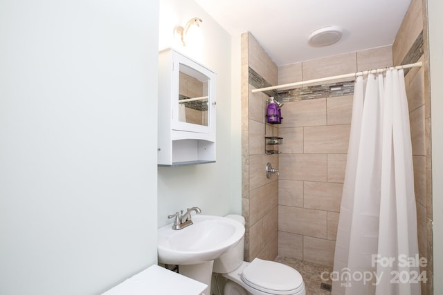 bathroom featuring toilet, curtained shower, and sink