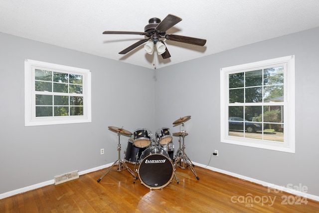 misc room featuring a textured ceiling, ceiling fan, hardwood / wood-style flooring, and plenty of natural light