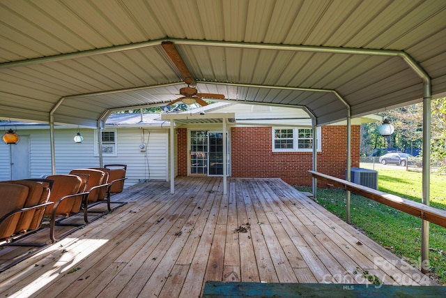 wooden deck featuring ceiling fan and central AC unit