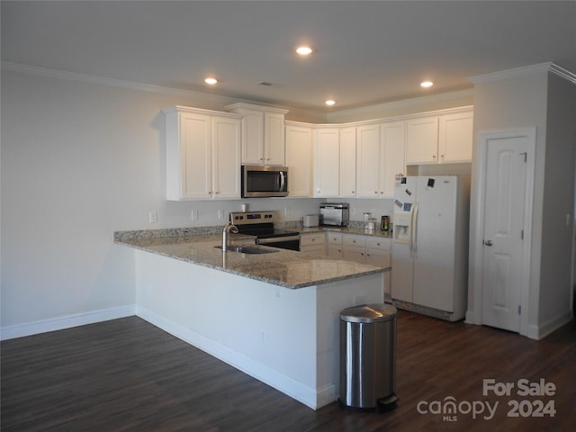 kitchen featuring kitchen peninsula, appliances with stainless steel finishes, white cabinetry, dark hardwood / wood-style floors, and crown molding