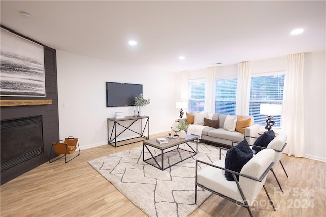 living room featuring a large fireplace and light wood-type flooring