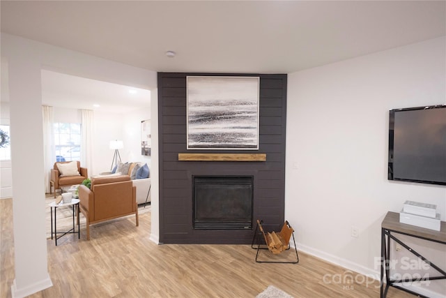 living room with light hardwood / wood-style flooring and a fireplace