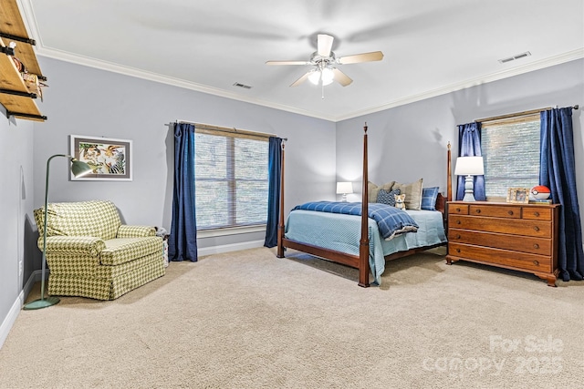 carpeted bedroom with multiple windows, ceiling fan, and crown molding