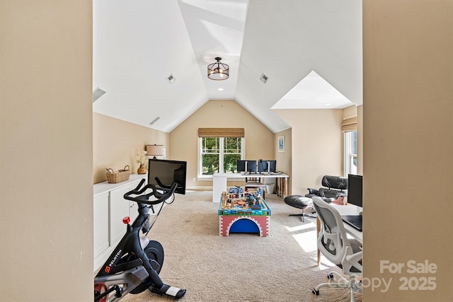 exercise area with carpet floors and vaulted ceiling