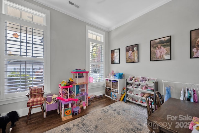 rec room featuring crown molding, plenty of natural light, and dark hardwood / wood-style floors