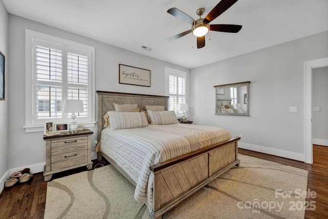 bedroom featuring hardwood / wood-style floors and ceiling fan